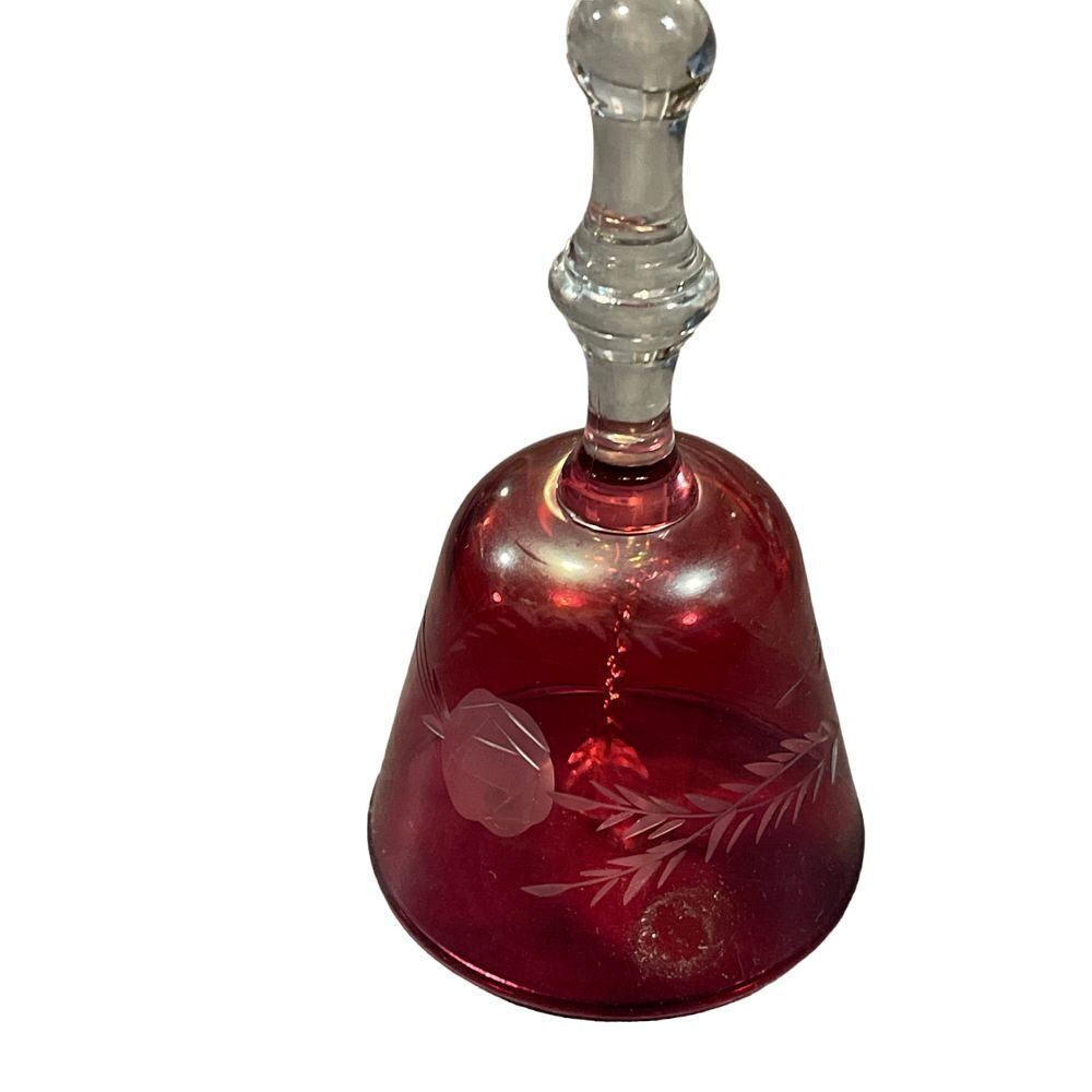 Vintage Ruby Red Glass Bell with Etched Leaf Design and Crystal Stopper